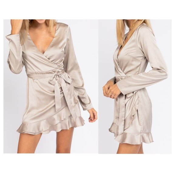 long sleeve satin wrap dress, romper - Picture 1 of 8
